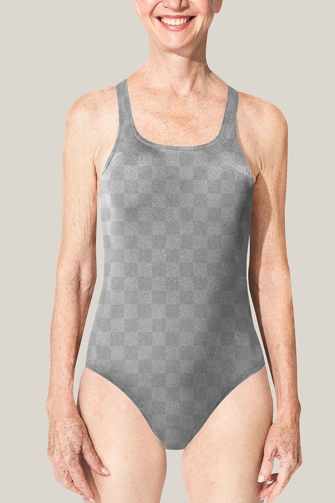 Png one-piece swimsuit mockup on senior woman closeup
