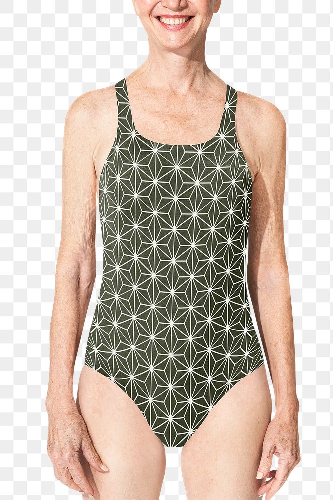 Png senior woman mockup in pattern one-piece swimsuit for summer apparel