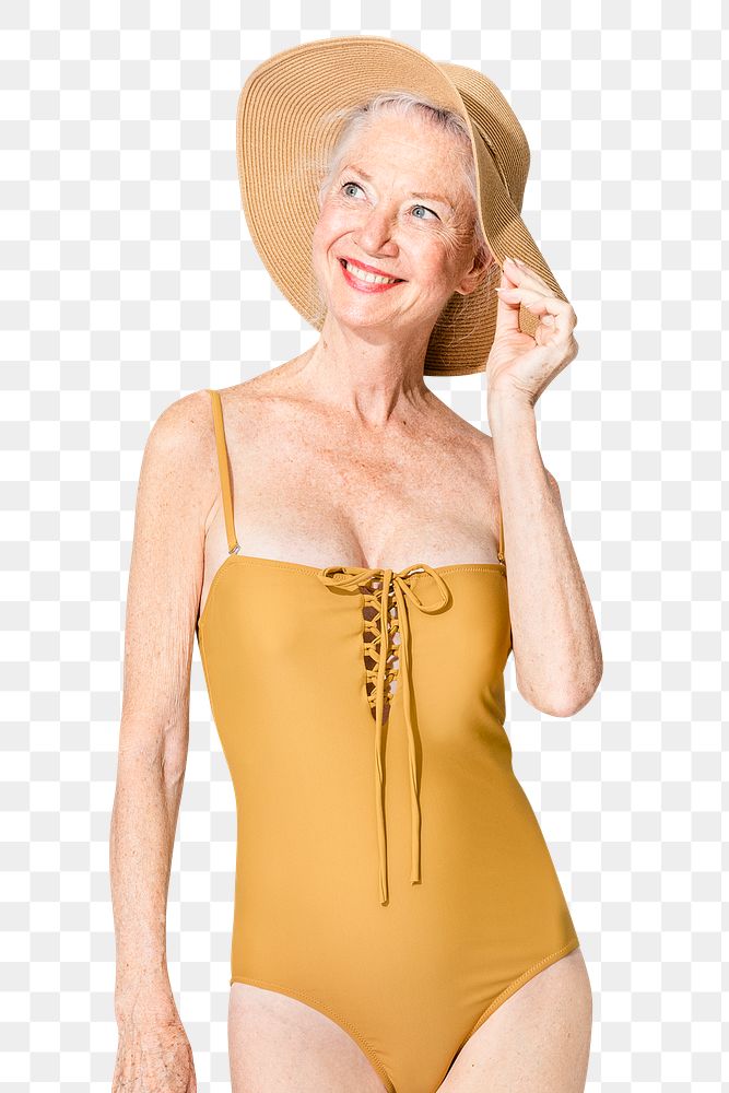 Png senior woman mockup in yellow one-piece swimsuit for summer apparel