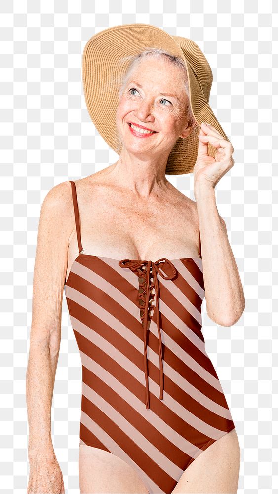 Png senior woman mockup in red striped one-piece swimsuit for summer apparel