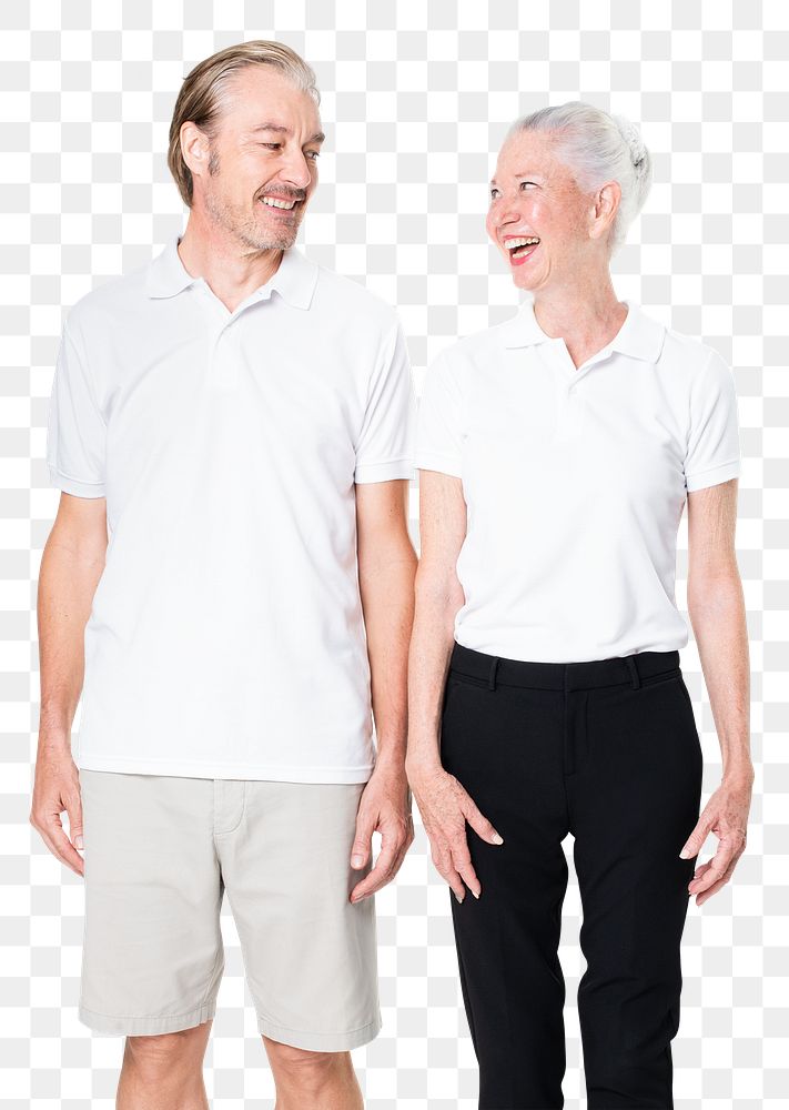 Senior couple png mockup in white polo shirt on transparent background