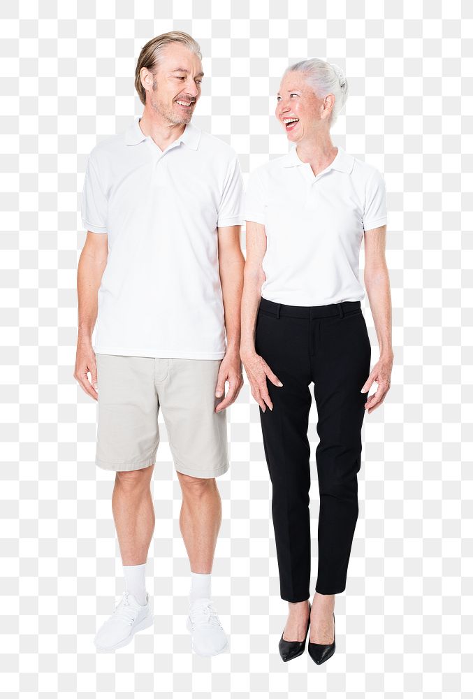 Senior couple png mockup in white polo shirt on transparent background full body