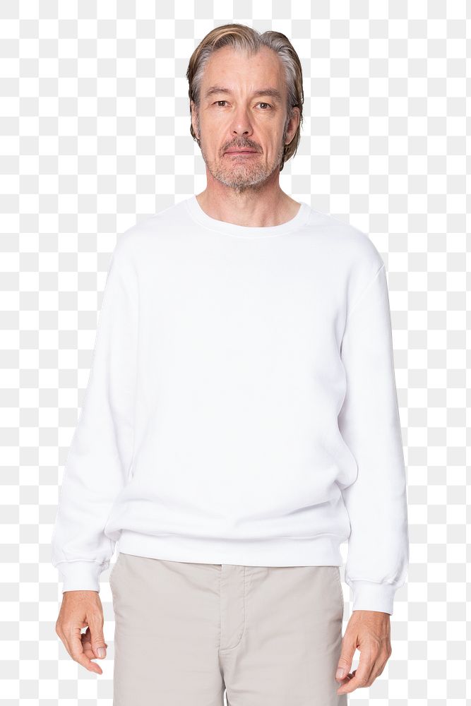 Mature man mockup png in white sweater senior unisex casual apparel close up