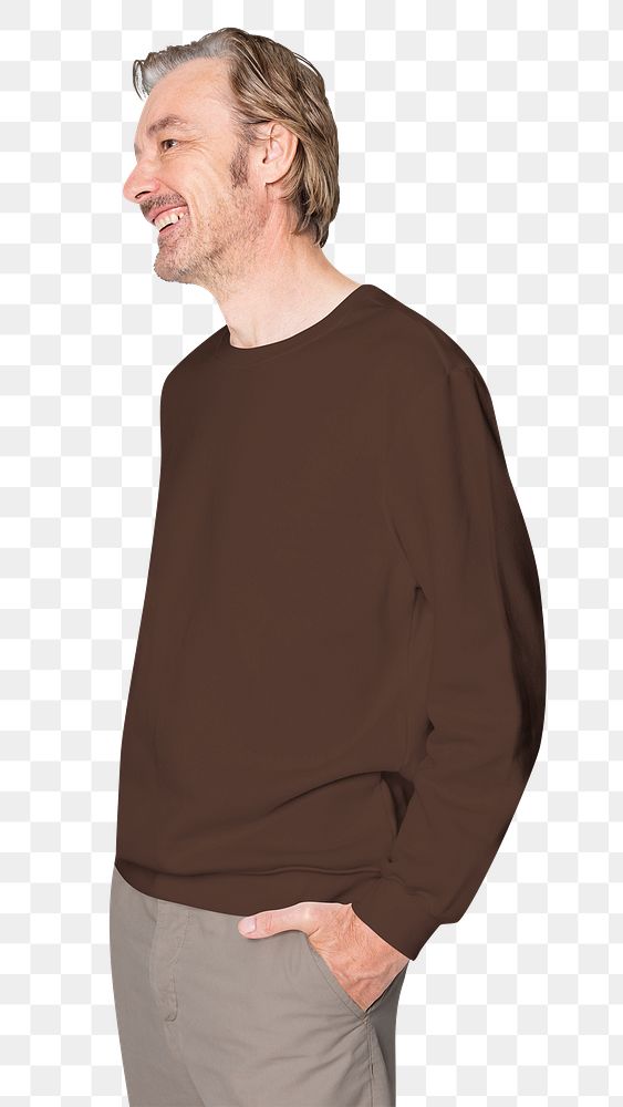 Man mockup png in brown sweater senior unisex casual apparel close up