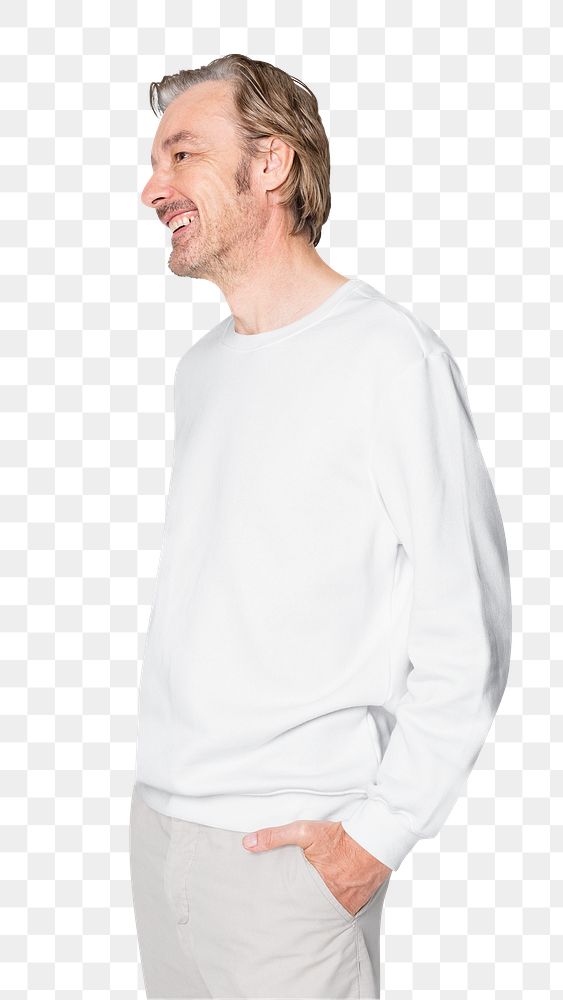 Mature man mockup png in white sweater senior unisex casual apparel close up