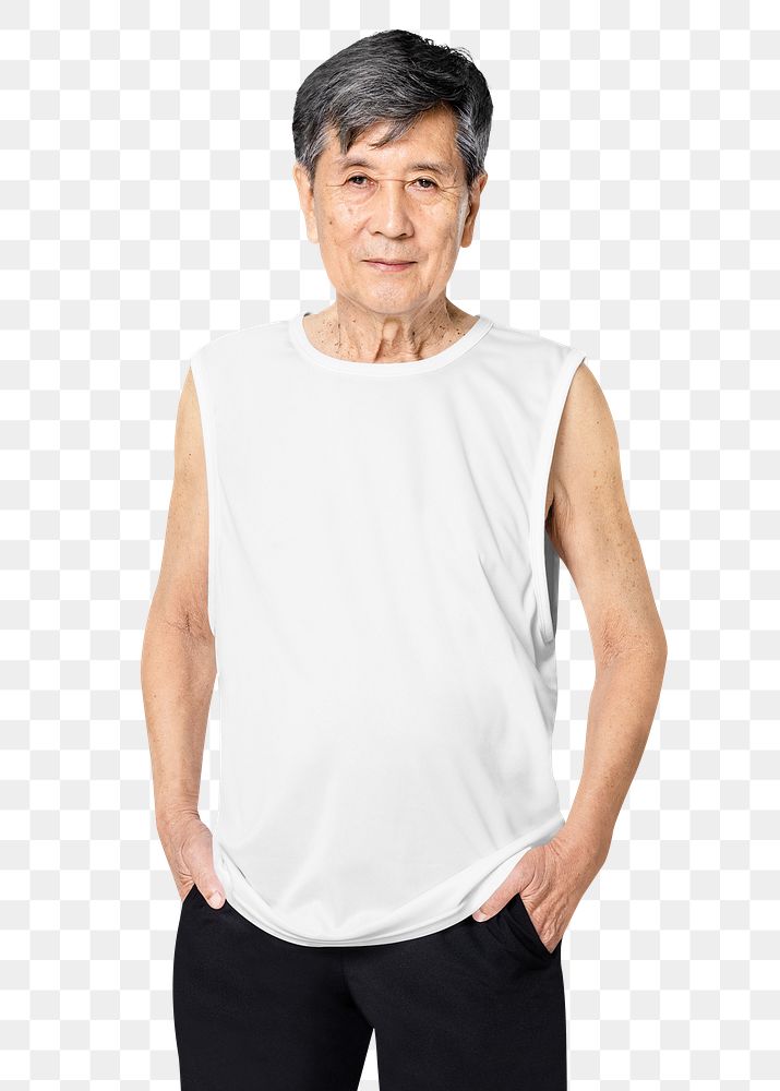 White tank top png mockup summer apparel on senior man