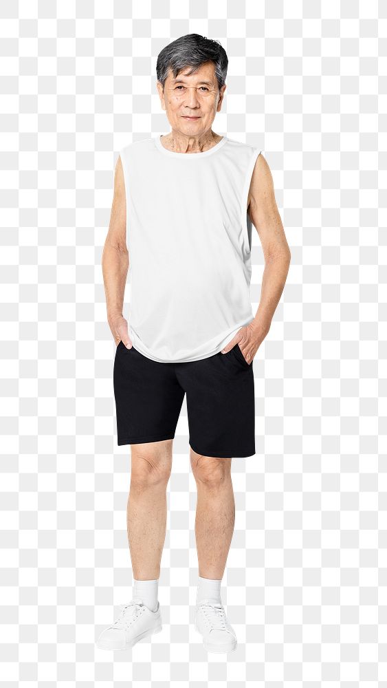 White tank top png mockup summer apparel on senior man full body
