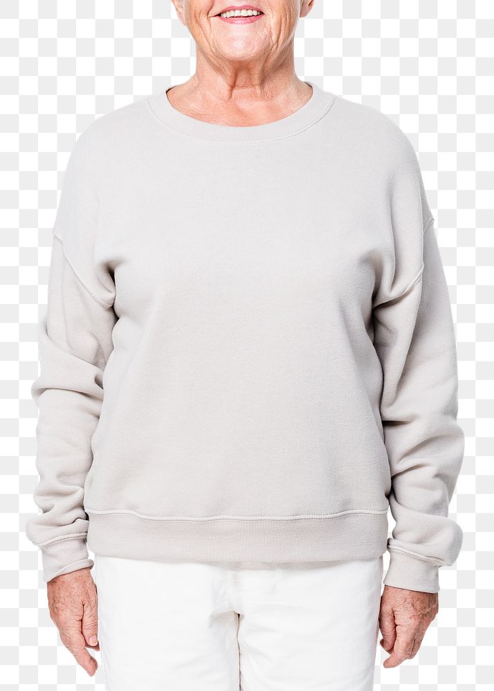 Mature woman mockup png in gray sweater senior unisex casual apparel close up
