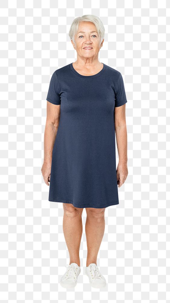 Senior woman png mockup in navy t-shirt dress on transparent background