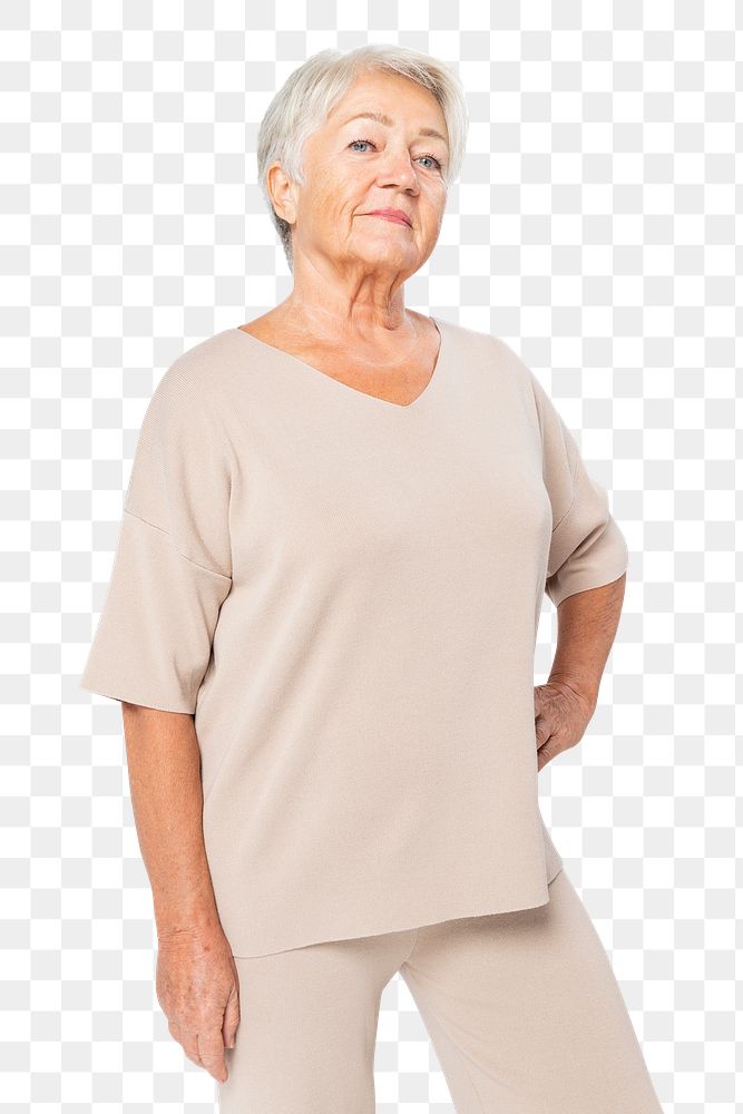 Senior woman png mockup in nude co-ords outfit posing on transparent background
