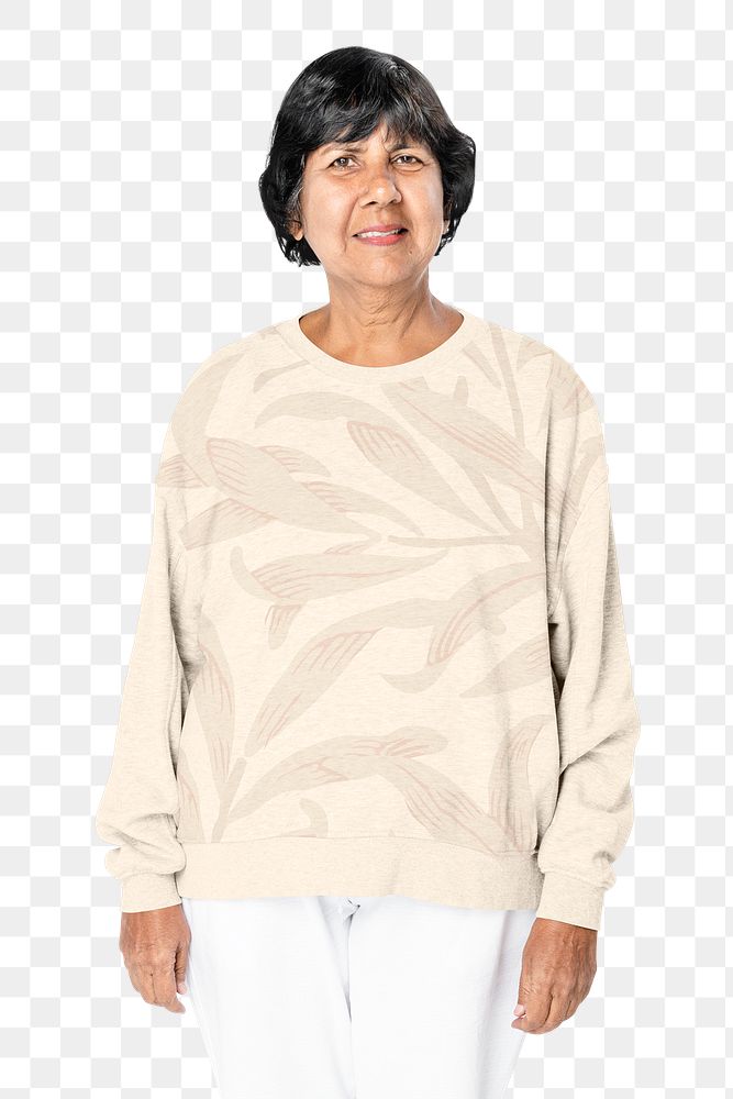 Floral beige sweater png mockup casual apparel on senior woman
