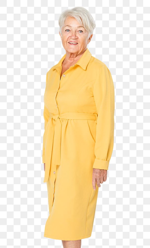 Woman mockup png in long sleeve yellow shirt dress on transparent background