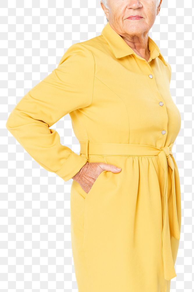 Woman mockup png in long sleeve yellow shirt dress on transparent background