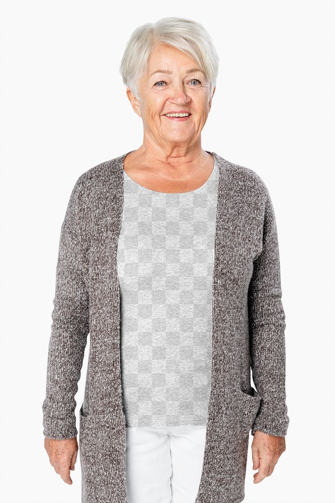 T-shirt png mockup with senior woman wearing cardigan winter apparel shoot