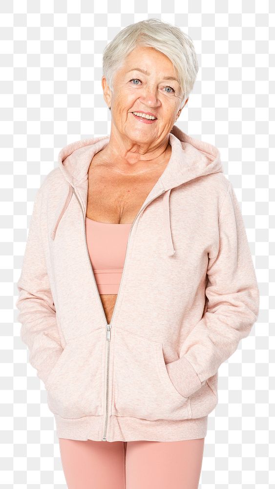 Senior woman png mockup in pink hoodie jacket activewear