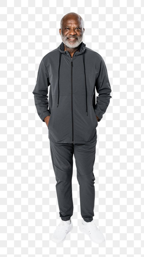 Senior man png mockup in gray jacket and sweatpants casual outfit full body