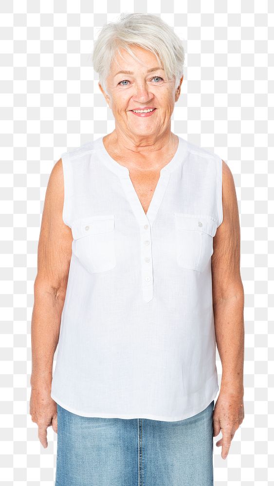 White sleeveless blouse png mockup casual apparel on senior woman