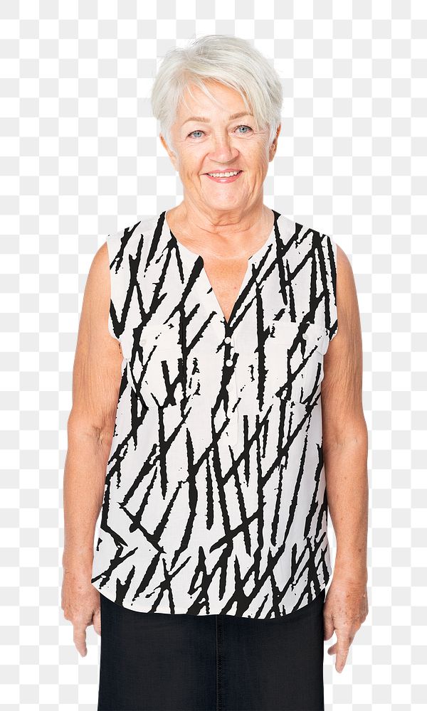 Senior woman png mockup in black and white abstract design tank top