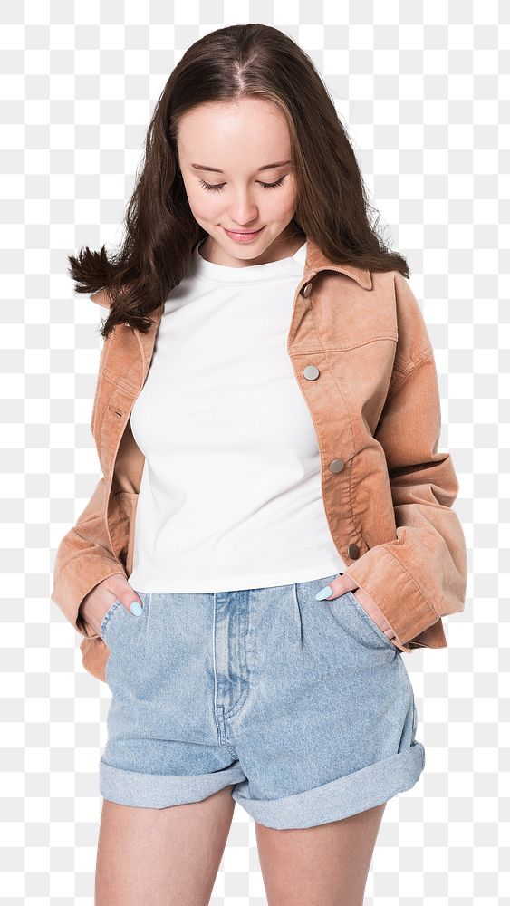 Png teenage girl mockup in brown jacket street apparel shoot