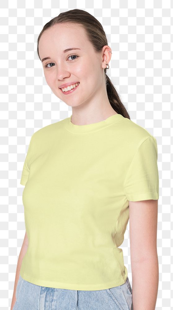Png teen girl mockup in yellow tee basic youth apparel shoot