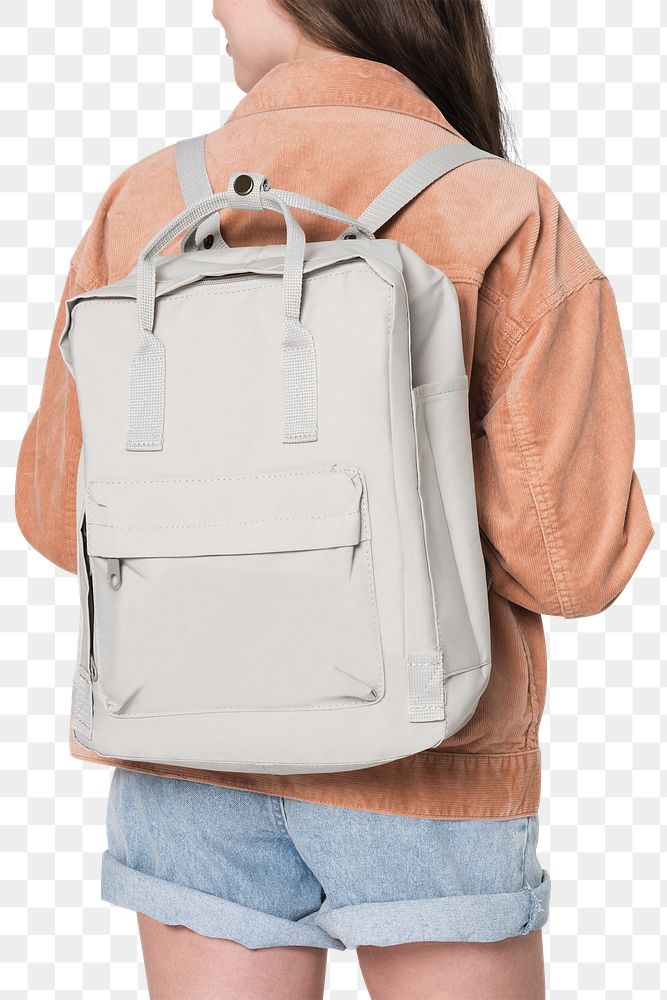 Png student mockup wearing gray backpack on transparent background with design space