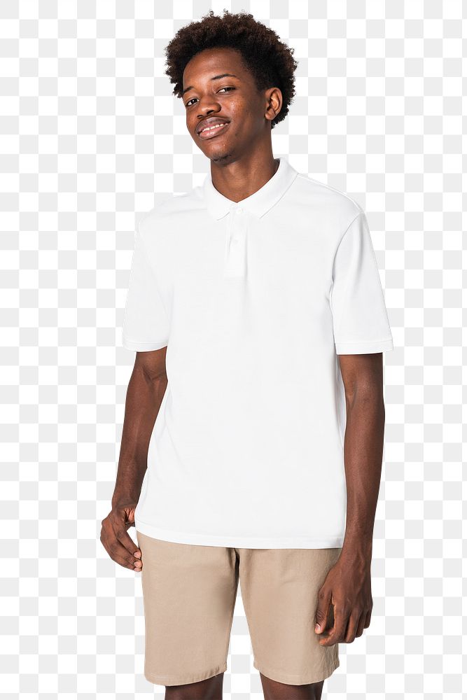 Png teenage boy mockup in white polo shirt basic youth apparel shoot