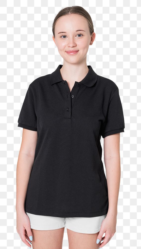 Png teenage girl mockup in black polo shirt basic youth apparel shoot