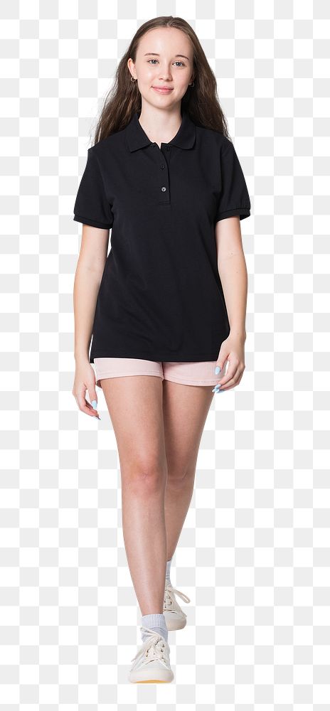 Png sporty girl in black polo shirt and shorts full body youth apparel studio shoot