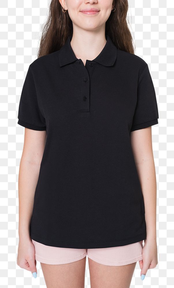 Png teenage girl mockup in black polo shirt basic youth apparel shoot