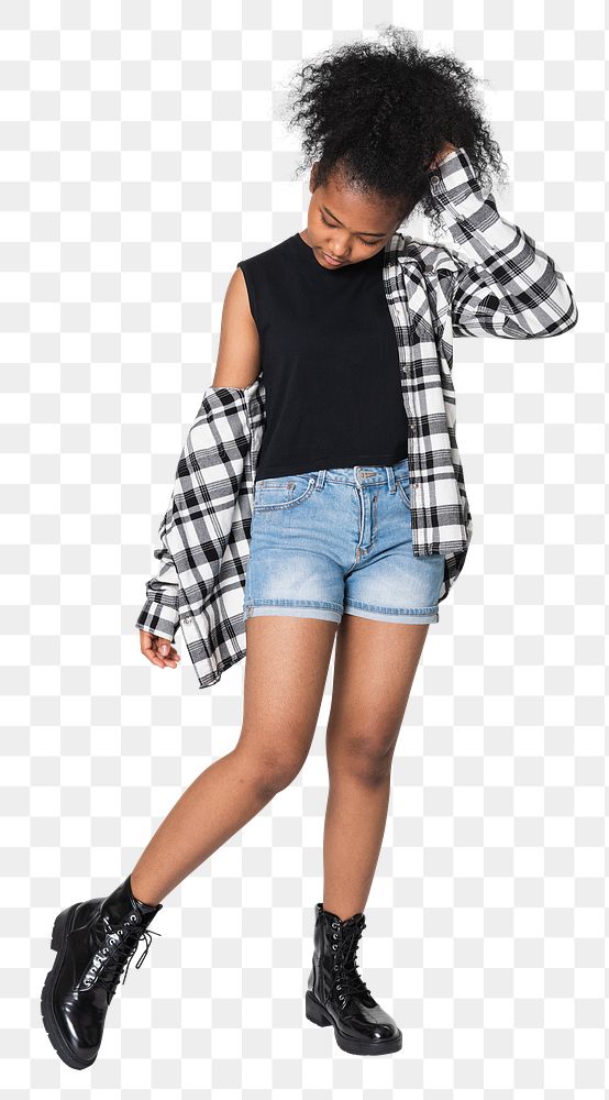 Png teenage girl mockup in black top and flannel shirt youth apparel shoot