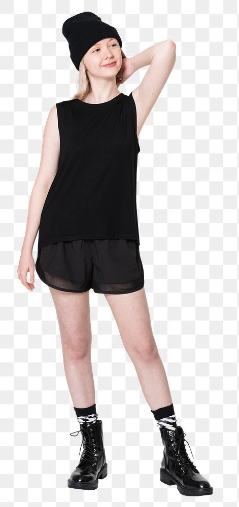 Png teenage girl mockup in black tank top and shorts streetwear fashion