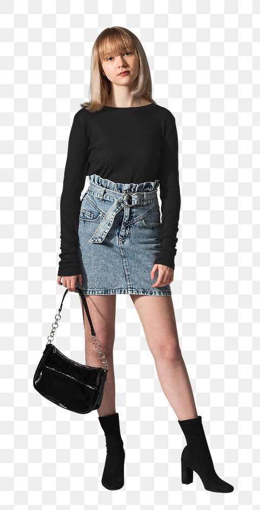 Png teenage girl in black long sleeve and denim skirt youth fashion shoot