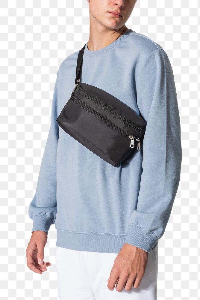 Png black belt bag mockup with design space streetwear shoot