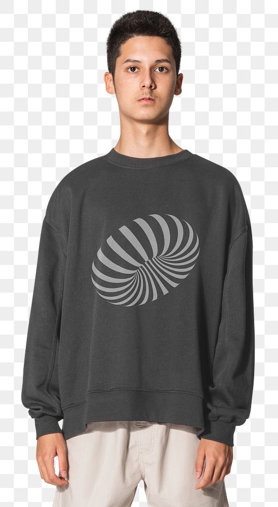 Png teenage boy mockup in black abstract printed sweater apparel shoot