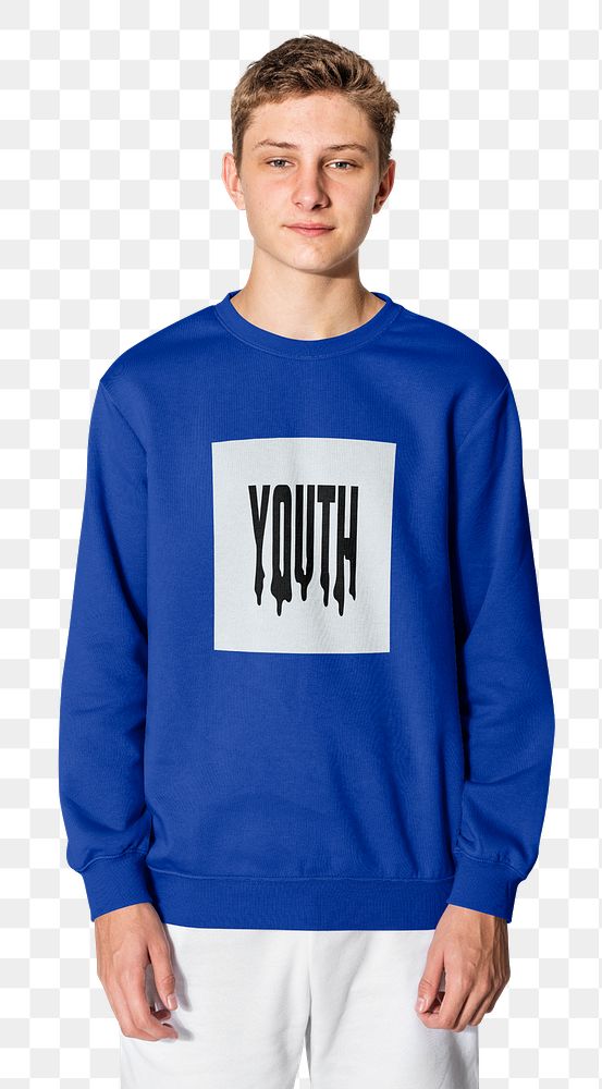 Png teenage boy mockup in YOUTH blue sweater fashion shoot