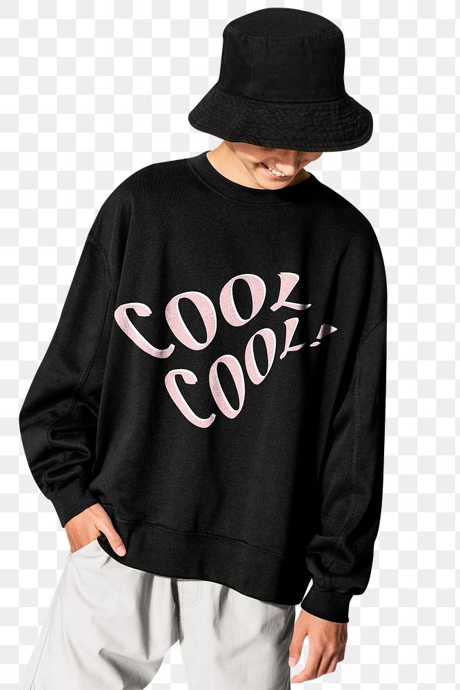 Png teenage boy mockup in black printed sweater and bucket hat street fashion