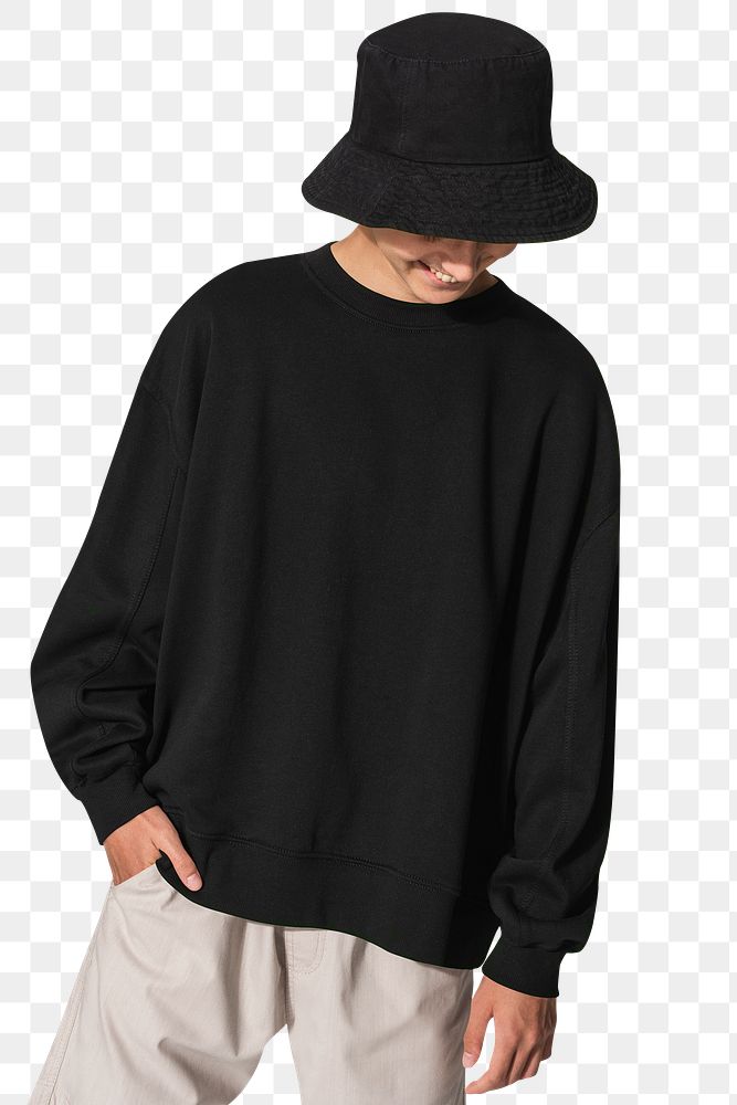 Png teenage boy mockup in black sweater and bucket hat street fashion