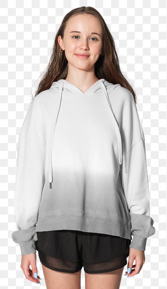 Png girl mockup in white and gray ombre hoodie winter fashion shoot