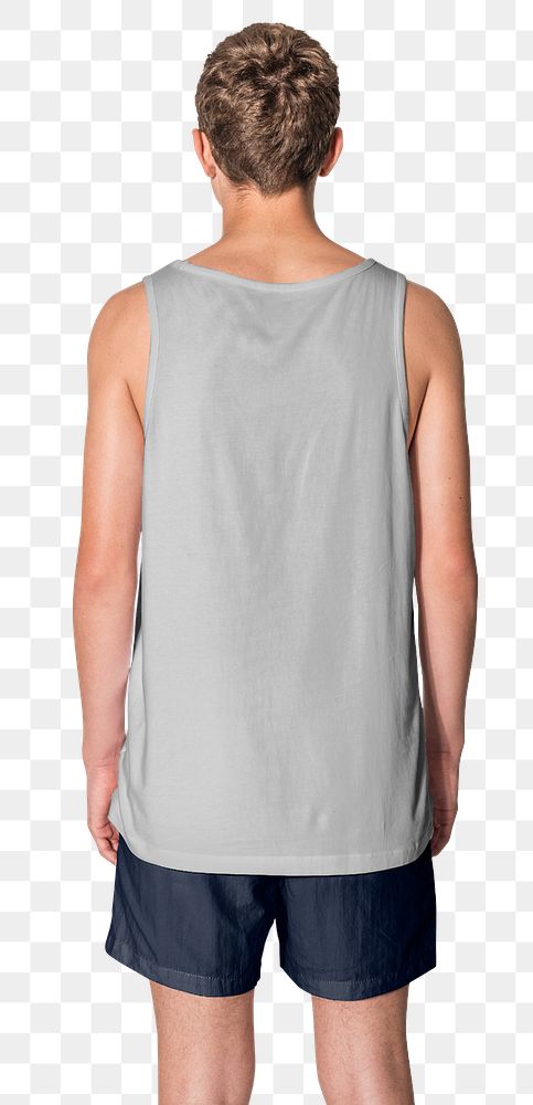 Png man mockup in gray tank top summer apparel studio shoot rear view