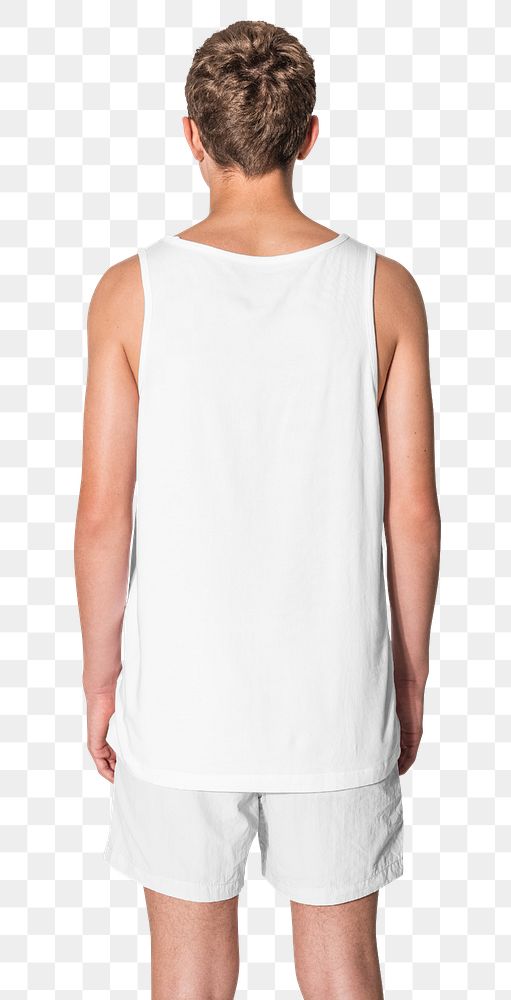 Png man mockup in white tank top and white shorts teenage summer apparel shoot