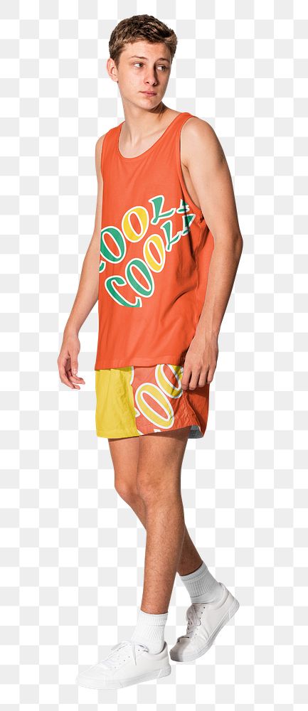 Png man mockup in orange tank top and printed shorts teenage summer apparel shoot