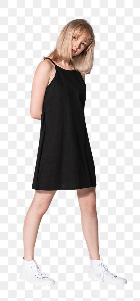 Png blonde girl mockup in black a-line dress summer apparel shoot