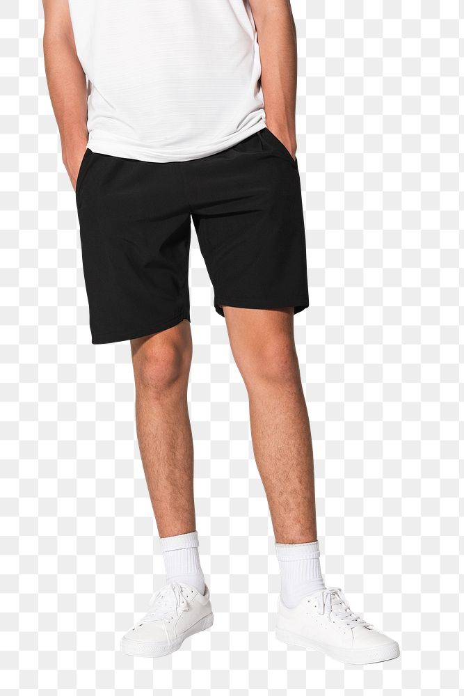 Png boy mockup in black shorts and white sneakers for teenage  apparel shoot