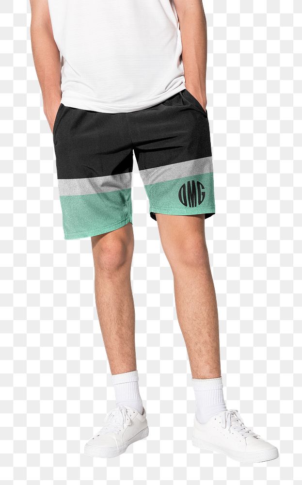 Png boys&rsquo; board shorts mockup in black and green with OMG graphics summer fashion