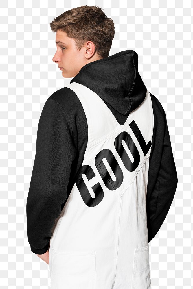 Png teenage boy mockup in white dungarees with COOL typography for street fashion photoshoot