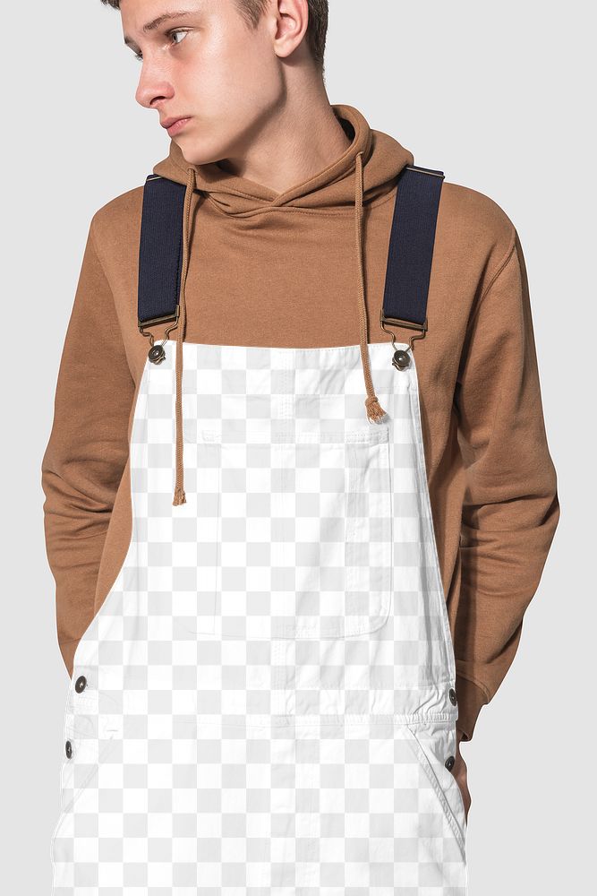Png transparent dungarees mockup with brown hoodie for street style shoot