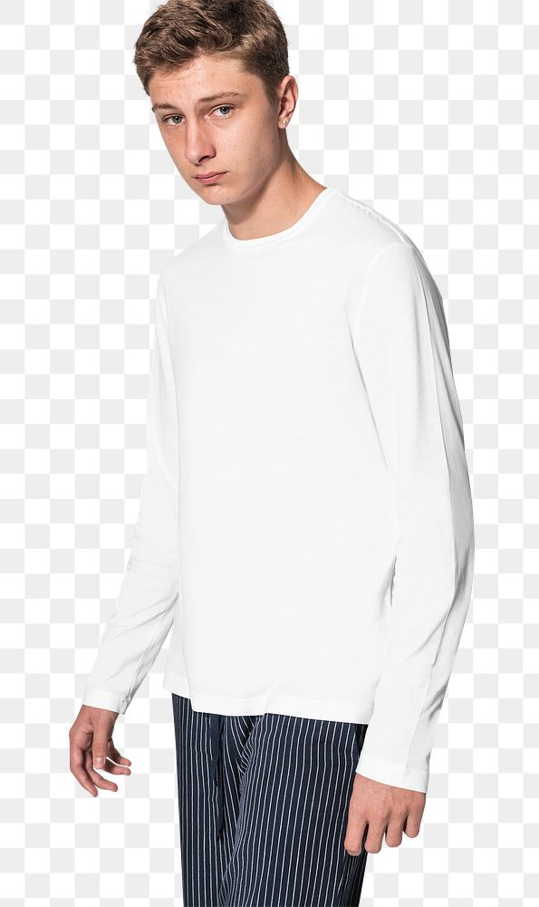 Png teenage boy mockup in long sleeve tee youth apparel studio shoot