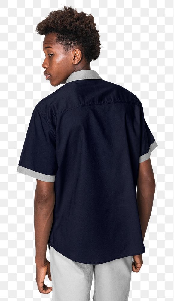 Png teenage boy mockup in dark blue shirt for youth fashion photoshoot