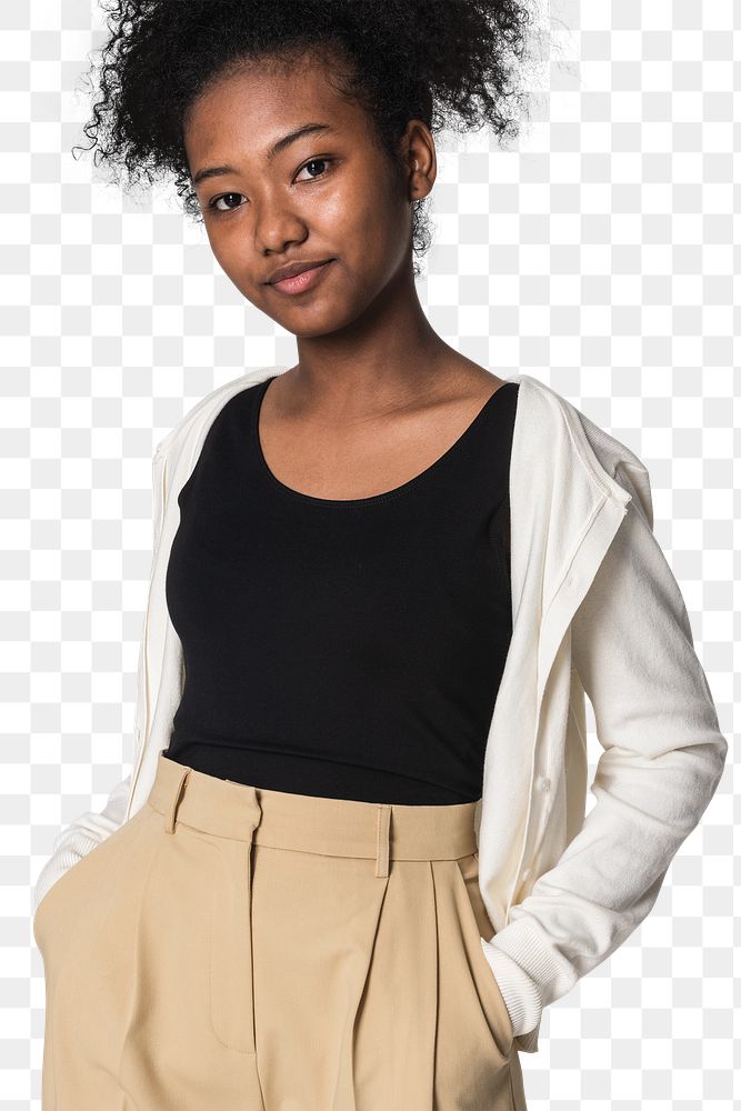 Png teen girl mockup in black top and cardigan youth apparel shoot