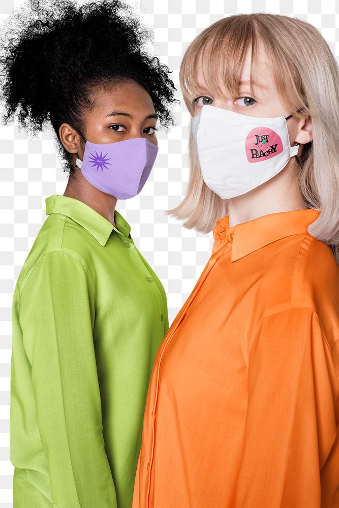Png girls mockup with face mask and graphics on transparent background